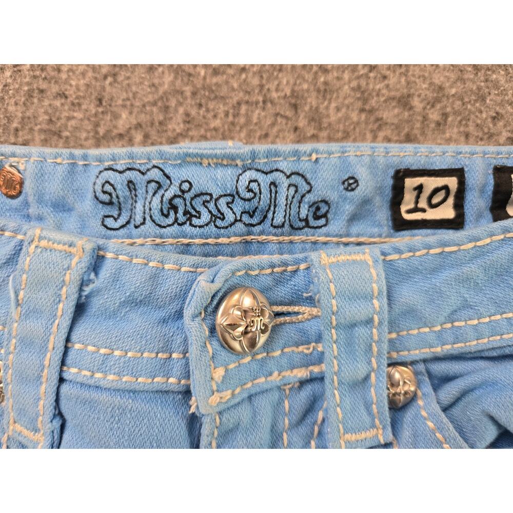 Miss Me Sky Blue Frayed Denim Shorts Youth Girls Sz 10 Mcbling Y2K Rhinestone - Picture 8 of 15